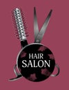 Logo design hair salon with scissors and hairbrush. Haircut symbol on a pink background. Vector Royalty Free Stock Photo