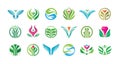 Logo design set. Nature organic sign. Freen leaves symbol. Plant environment icon. Wellness heath. Business development emblem. Royalty Free Stock Photo