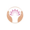 Logo design for spa salon with hands holding a beautiful pink lotus flower isolated on white background Royalty Free Stock Photo