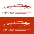 Logo design with sports car coupe vehicle silhouette on orange and white background.