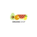 Logo design template in flat icon style for organic products - fruits symbols. Royalty Free Stock Photo