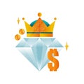Logo design template for royal casino with big diamond, golden crown, coins and dollar symbol. Gambling theme. Vector