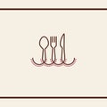 Logo design for traditional folklore cuisine. Cutlery with decorative line and dots. Spoon, fork and knife. Vector logo