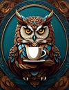 Logo design of wise owl with a cup of coffee that representing wisdom and great coffee, animal art