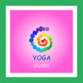 Logo design for yoga center with colorful pebbles spiral in rainbow colors for chakra healing on rose background