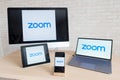 Logo on the display of all mobile devices. Zoom is an online platform for remote communication. Application on a