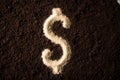 Logo dollar symbol writing sand on the dirt background