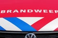 Logo of the dutch fire fighters brigade in the Netherlands with name Brandweer in dutch and the red,white blue striping on red ca