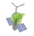 Logo eco. green lightbulb with leaves. against the background of solar panels and a wind generator. vector illustration.