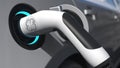 Charging electric car plug with GENERAL ELECTRIC logo on it. Editorial conceptual 3d rendering