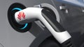 Charging electric car plug with HUAWEI logo on it. Editorial conceptual 3d rendering