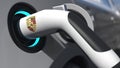 Charging electric car plug with PORSCHE logo on it. Editorial conceptual 3d rendering
