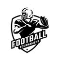 Logo, emblem with an American football player and the inscription Football tournament. Vector illustration. Royalty Free Stock Photo