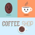 Logo, emblem, badge, coffee, coffee cup, coffee bean, coffee shop sign. Funny coffee with a person signs in cartoon style. Royalty Free Stock Photo