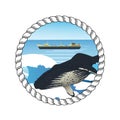 Logo emblem with gray whale and whaling ship