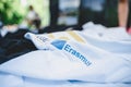 The Logo of Erasmus on a white t-shirt with blurred background Royalty Free Stock Photo