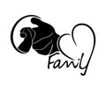 Logo Family. Silhouette father and child holding hands. Inscription Family and heart.