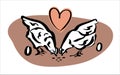 Logo for farmers. Two young hens peck at the grain and lovingly give away the eggs. Color logo, vector.