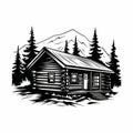 Bold Black And White Cabin Illustration With Pine Trees