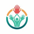 A logo featuring hands and a person holding a flower, symbolizing help and support, A symbol for a volunteer group that showcases