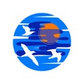 Logo with flying seabirds on a background of blue sky and sun in a circle