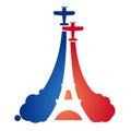 Logo in the form of flying sport aircraft at an air show with the silhouette of the Eiffel tower