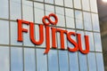 Logo Fujitsu closeup on booth at CEE 2017in Kiev, Ukraine.