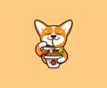 The logo funny corgi eats noodles. Food logotype, cute animal dog