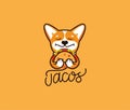 The logo funny corgi eats taco. Cute dog, cartoon character, food logotype