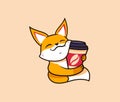 The logo funny fox with coffee. Food logotype, cute animal, cartoon character