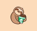 The logo funny sloth with coffee. Food logotype, cute animal sleep