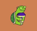 The logo funny turtle with coffee. Food logotype, cute animal, cartoon character