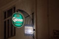 Logo of Gosser beer in front of a local bar and cafe in Vienna. Gosser bier is an iconic Austrial light beer, Helles type