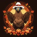 Logo, graphic, illustration of a turkey with raised wings wearing a cowboy hat in a circle, around pumpkin leaves. Turkey as the