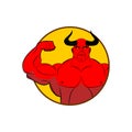 Logo for gym. Satan bodybuilder shows biceps. Emblem for sports