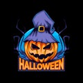 Logo halloween pumpkin with witch hat and night moon in cartoon style. Vector illustration design. Royalty Free Stock Photo