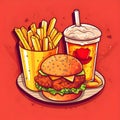 Logo - hamburger, coke and fries on a red background