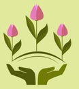 Logo, hands holding tulips, helping hand, spring flowers