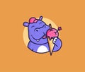 The logo head hippo with ice cream. Food logotype, cute animal, cartoon character, badge, sticker, emblem