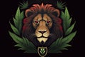 logo head of a lion in cannabis leaves on a dark background, marijuana animal medicine generative ai