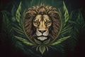 logo head of a lion in cannabis leaves on a dark background, marijuana animal medicine generative ai