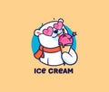 The logo head polar bear with ice cream. Food logotype with text, cute animal with glasses, cartoon character, badge Royalty Free Stock Photo