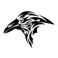 The logo is the head of a raven, the silhouette of a rook bird drawn in black by zigzag lines