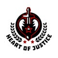 Logo heart of justice. The sword piercing the heart. Blood, cut. The struggle for justice. Hero Theme. Wreath. Vector