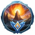 the logo for hearthstone with a mountain and fire in the background Royalty Free Stock Photo