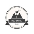 Logo for Heli-skiing club with helicopter, mountains and skier.