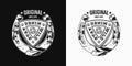 Logo with horseshoe, leather brand patch, text