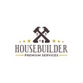 Logo for house builder with a vintage style. an illustration of a hammer with a house in the bottom, good for house repair