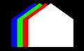 Logo house drawn in schematic form, with multicolored linear elements.