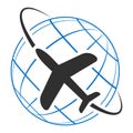Logo icon airplane flying around earth, vector sign icon tourism and travel, concept of world travel, tourism and Royalty Free Stock Photo
